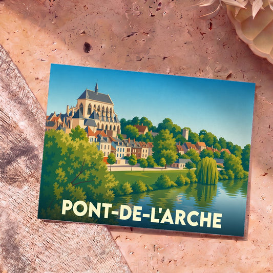 Carte postale souvenir de la ville de Pont-de-l'Arche avec une illustration stylisée de son église en bord de rivière.