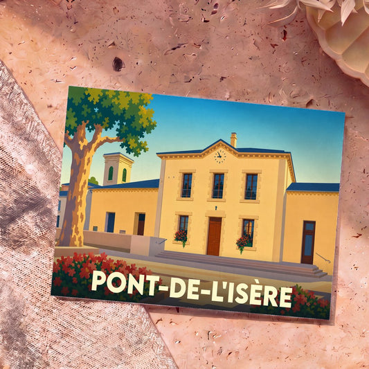 Carte postale souvenir de Pont-de-l'Isère illustrant la mairie dans un style graphique épuré et coloré.
