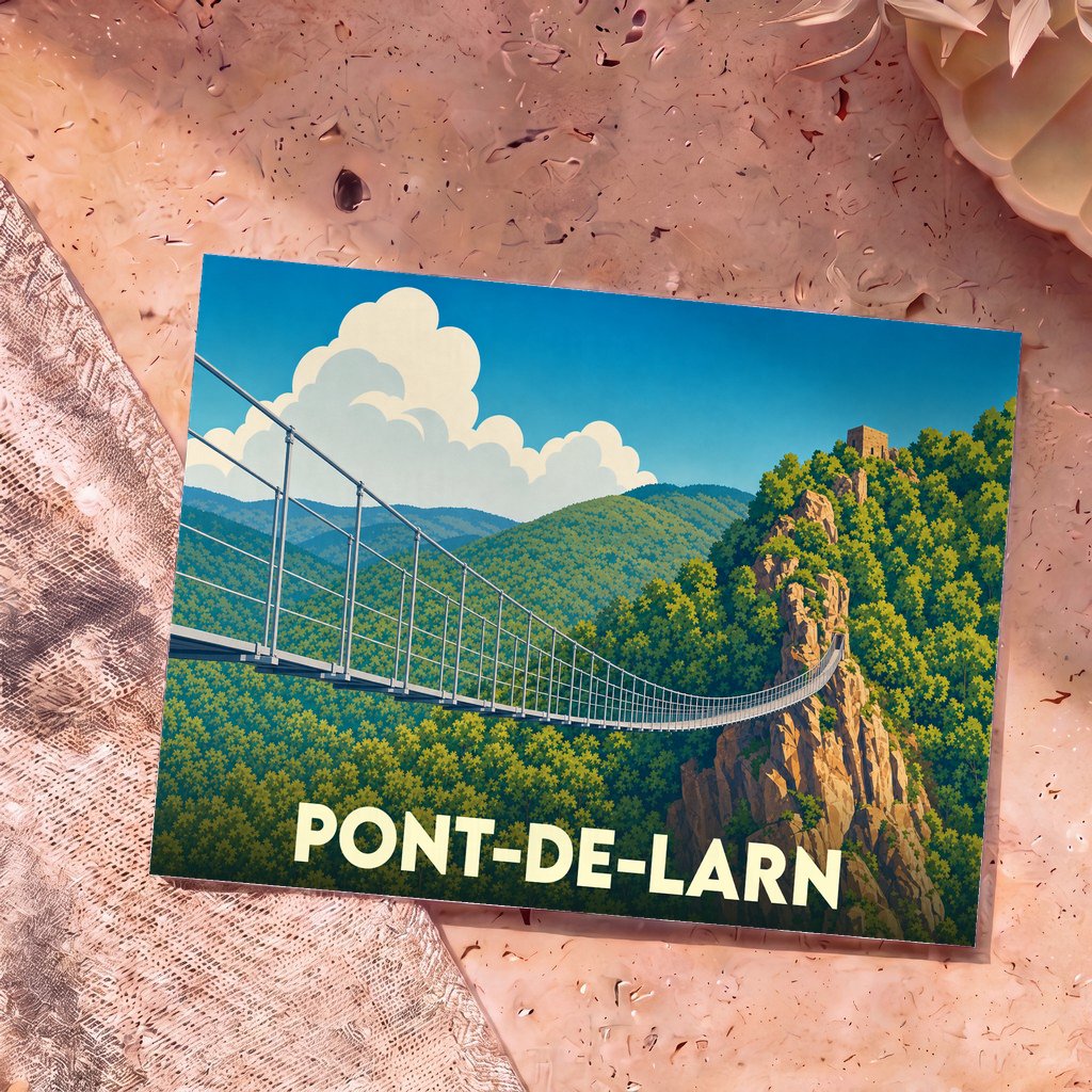Carte postale souvenir de la ville de Pont-de-Larn illustrant une passerelle suspendue au-dessus d'un paysage montagneux.