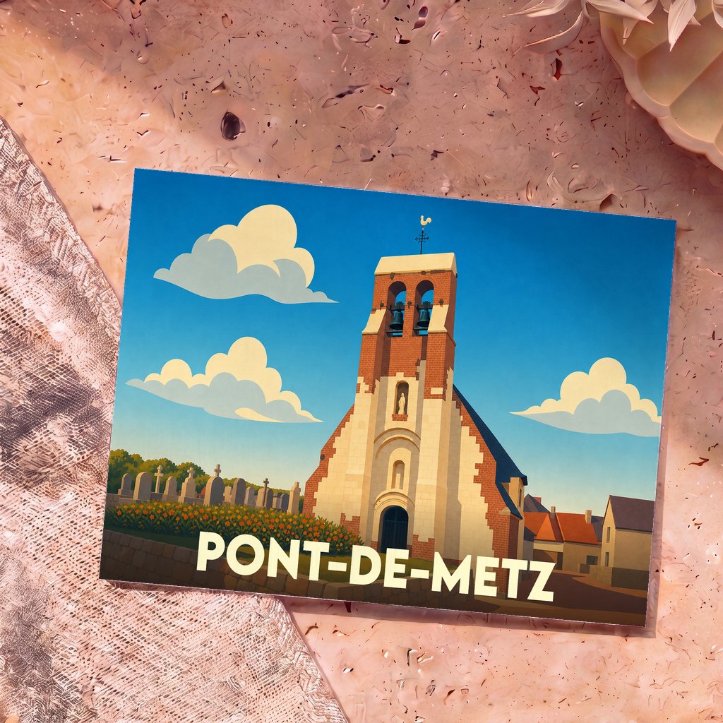 Carte postale souvenir de la ville de Pont-de-Metz avec une illustration stylisée de son église et de son cimetière.