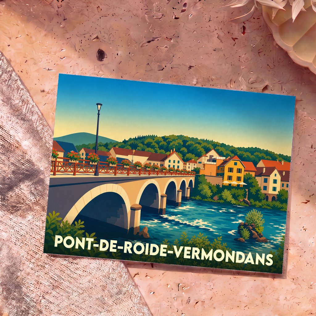 Carte postale souvenir de la ville de Pont-de-Roide-Vermondans avec une illustration stylisée de son pont et de ses maisons colorées.