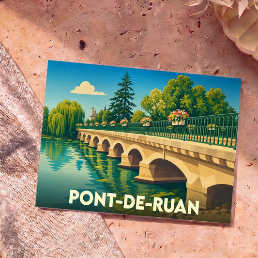 Carte postale souvenir de la ville de Pont-de-Ruan avec une illustration stylisée d'un pont fleuri.