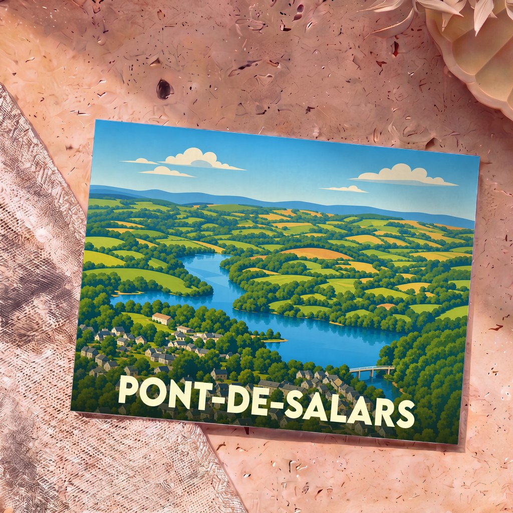Carte postale souvenir de la ville de Pont-de-Salars illustrant ses paysages vallonnés et son lac en style graphique épuré.