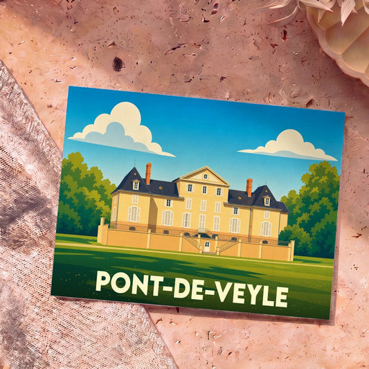 Carte postale souvenir de la ville de Pont-de-Veyle avec une illustration stylisée de son château.