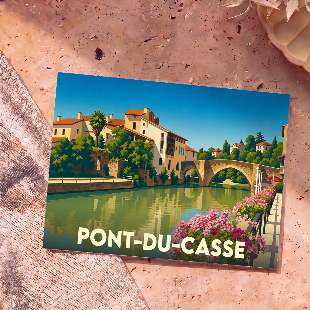Carte postale souvenir de la ville de Pont-du-Casse avec une illustration stylisée d'un pont en pierre enjambant une rivière.