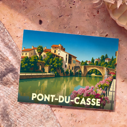 Carte postale souvenir de la ville de Pont-du-Casse avec une illustration stylisée d'un pont en pierre enjambant une rivière.