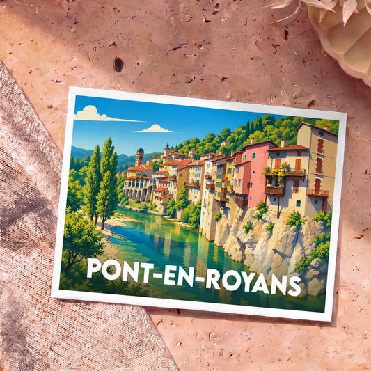 Carte postale souvenir de la ville de Pont-en-Royans avec une illustration stylisée de ses célèbres maisons suspendues au bord de l'eau.