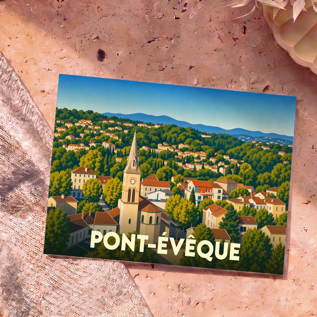 Carte postale souvenir de la ville de Pont-Évêque avec une illustration stylisée et colorée.