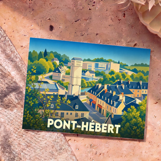 Carte postale souvenir de la ville de Pont-Hébert avec une illustration stylisée et colorée.