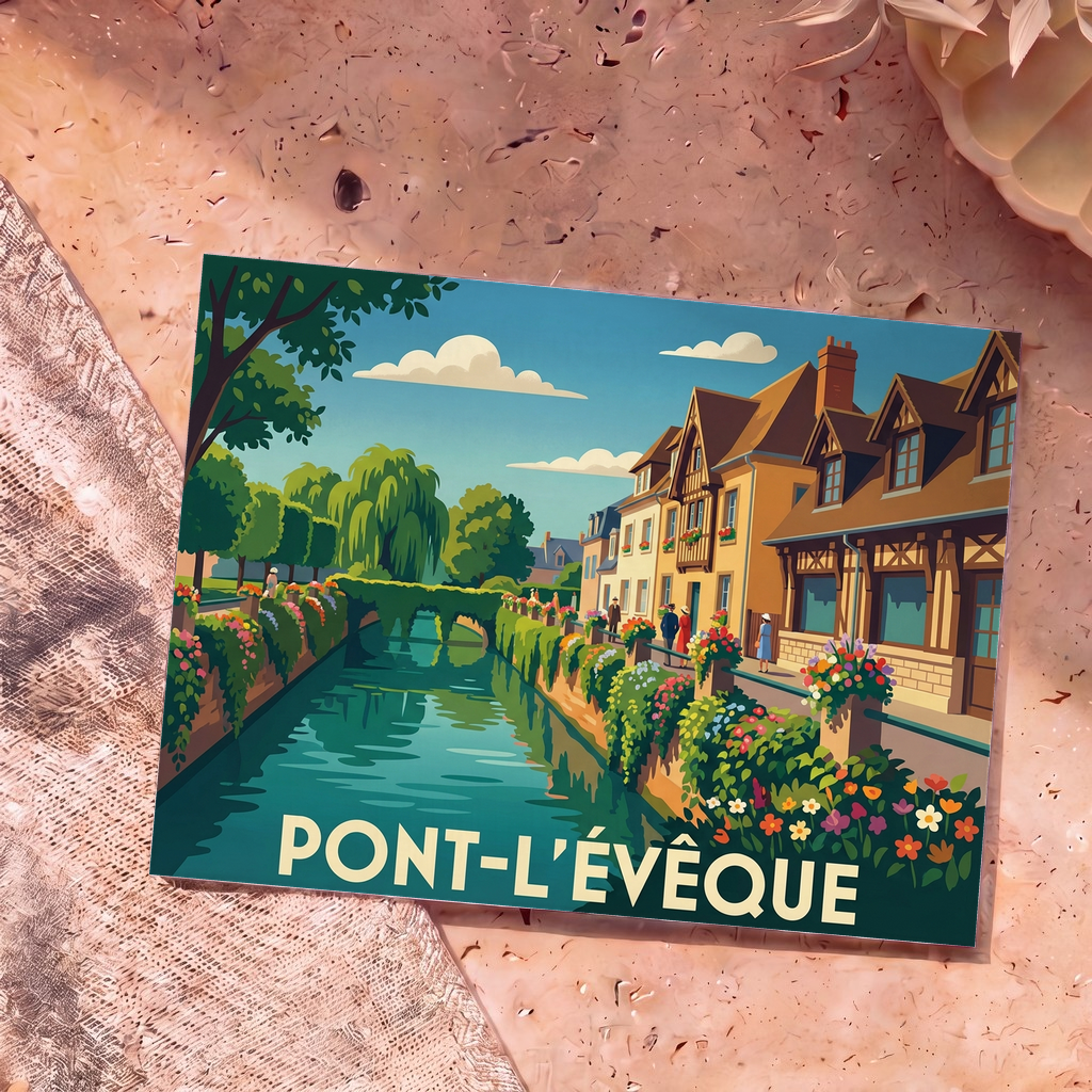 Carte postale souvenir de la ville de Pont-l'Évêque illustrant un canal fleuri bordé de maisons à colombages.