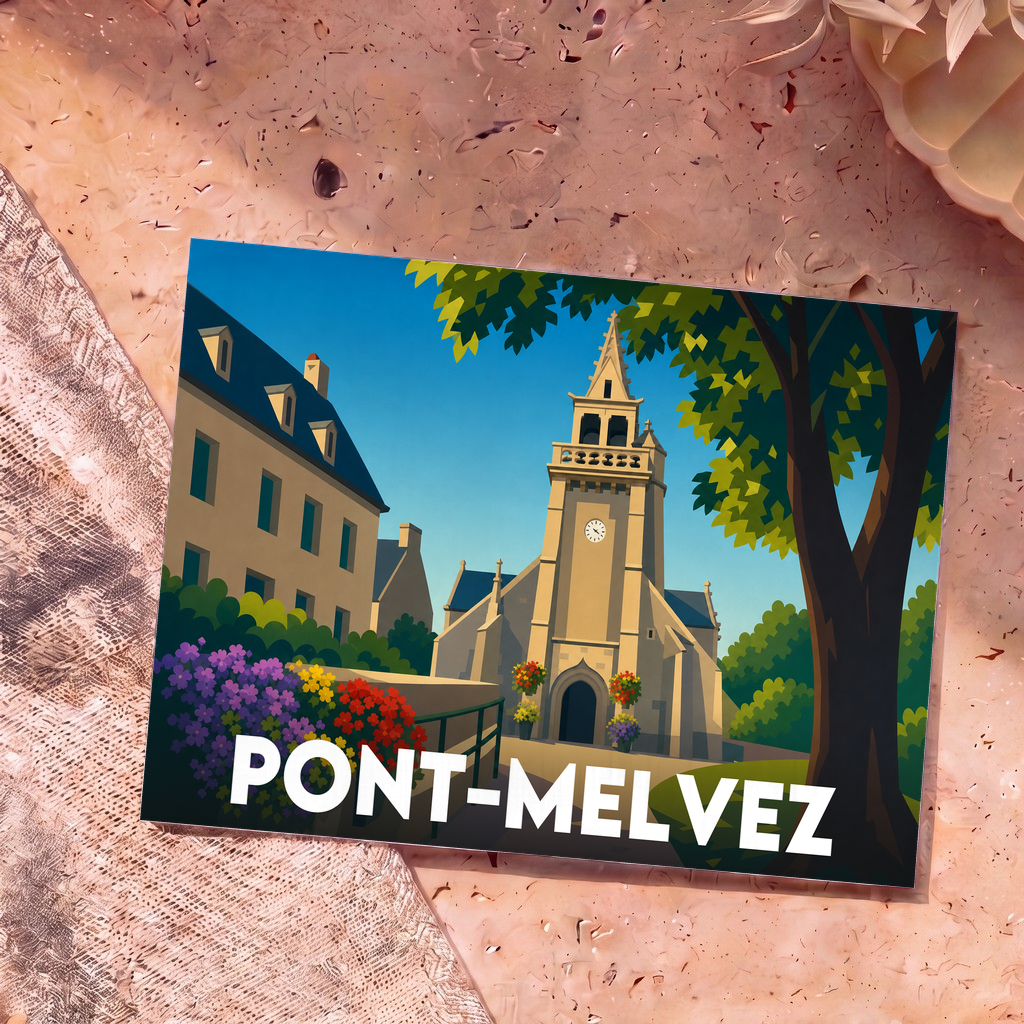 Carte postale souvenir de la commune de Pont-Melvez avec une illustration stylisée de son église.