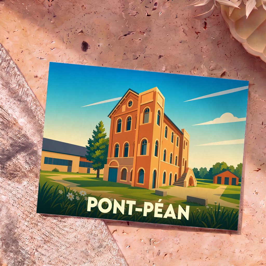 Carte postale souvenir de la ville de Pont-Péan avec une illustration stylisée de son patrimoine architectural.