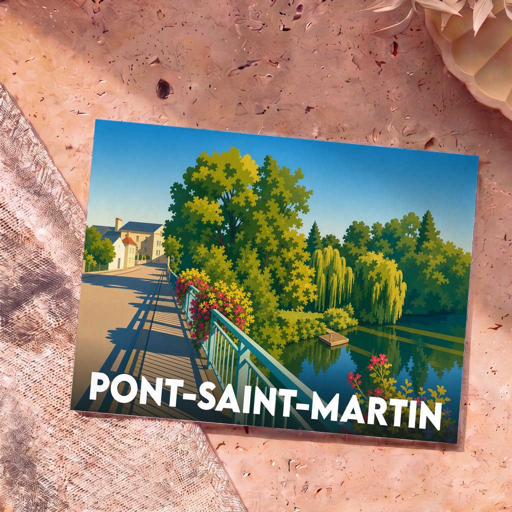 Carte postale souvenir de la ville de Pont-Saint-Martin avec une illustration stylisée représentant un pont fleuri au bord de l'eau.