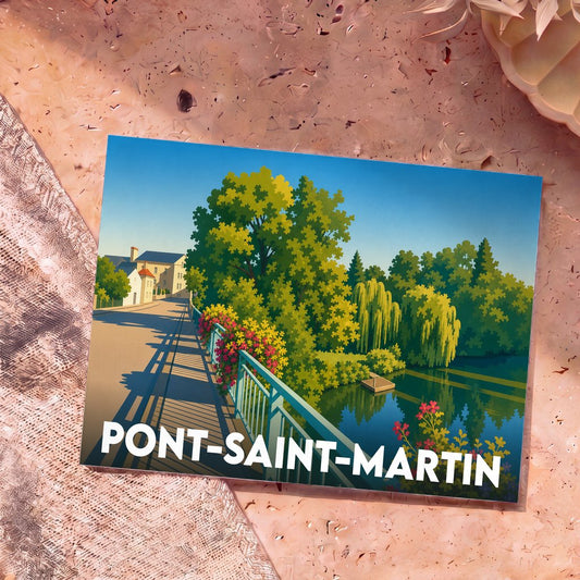 Carte postale souvenir de la ville de Pont-Saint-Martin avec une illustration stylisée représentant un pont fleuri au bord de l'eau.