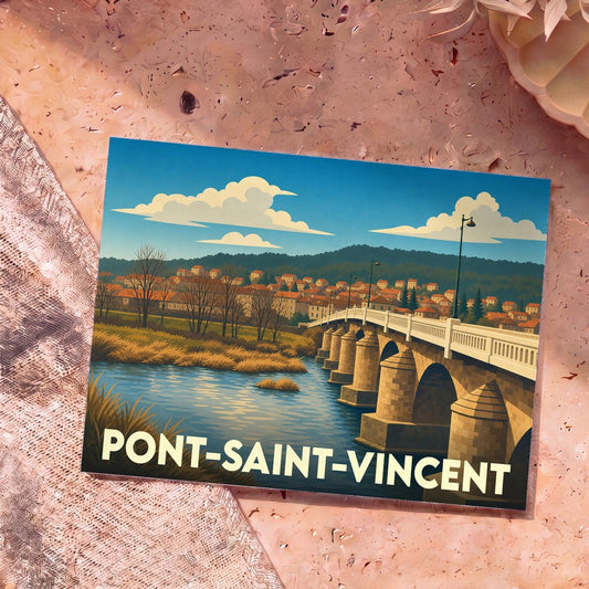Carte postale souvenir de Pont-Saint-Vincent illustrant son pont historique au-dessus de la Moselle dans un style rétro.