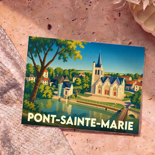 Carte postale souvenir de la ville de Pont-Sainte-Marie avec une illustration stylisée.