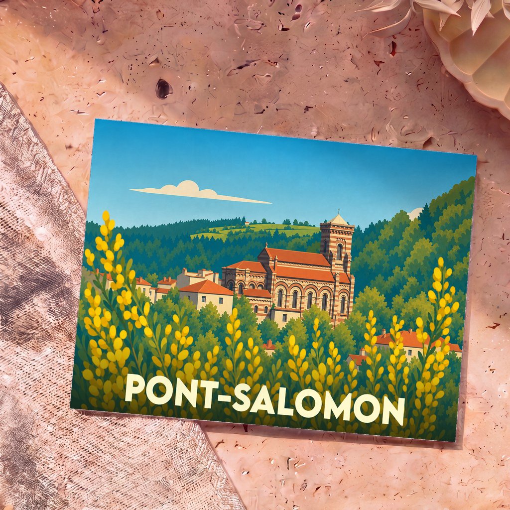 Carte postale souvenir de Pont-Salomon avec une illustration stylisée d'une église entourée de verdure.