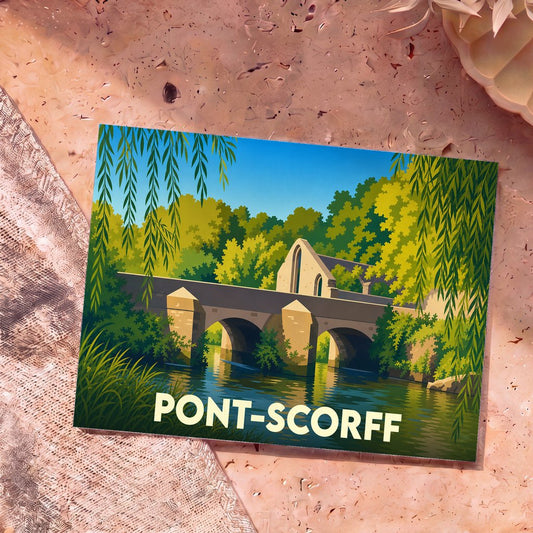 Carte postale souvenir de la ville de Pont-Scorff illustrant un pont en pierre et une abbaye dans un style graphique épuré.