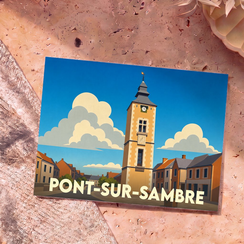 Carte postale souvenir de la ville de Pont-sur-Sambre avec une illustration stylisée de sa tour penchée.