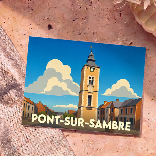 Carte postale souvenir de la ville de Pont-sur-Sambre avec une illustration stylisée de sa tour penchée.
