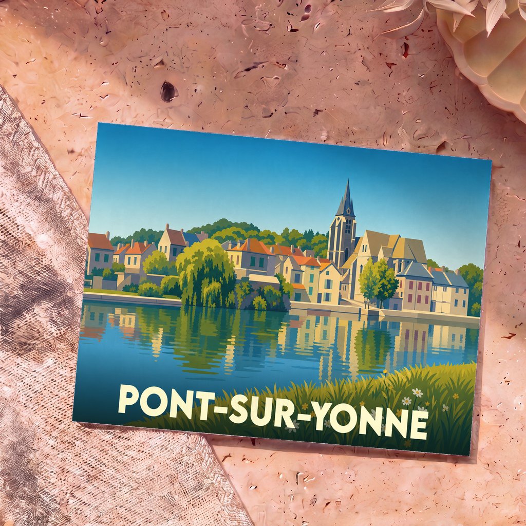 Carte postale souvenir de la ville de Pont-sur-Yonne avec une illustration stylisée des bords de l'Yonne.
