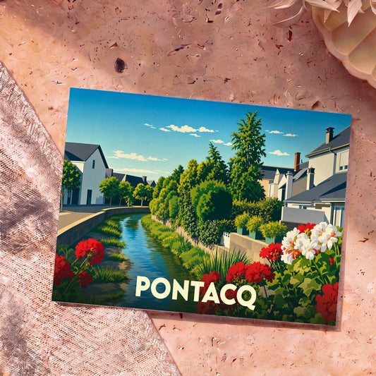 Carte postale souvenir de la ville de Pontacq avec une illustration colorée et stylisée représentant un canal fleuri.