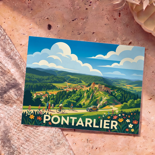 Carte postale souvenir de la ville de Pontarlier avec une illustration de paysage vallonné et coloré.