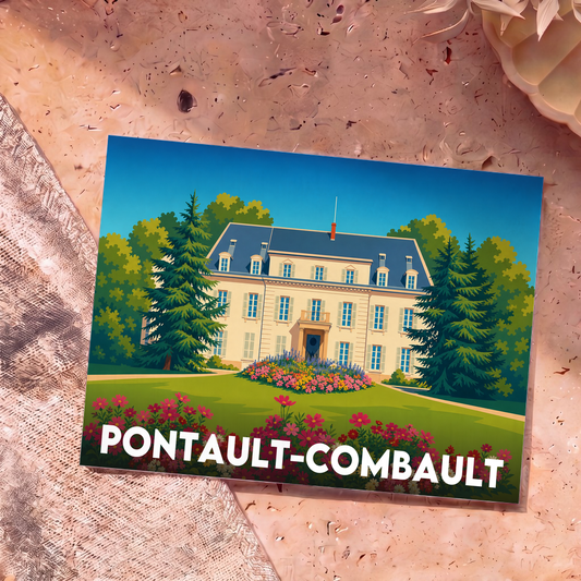 Carte postale souvenir de la ville de Pontault-Combault avec une illustration stylisée d'une demeure bourgeoise.