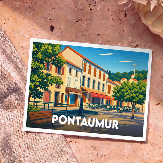 Carte postale souvenir de la ville de Pontaumur avec une illustration stylisée d'une place ensoleillée.