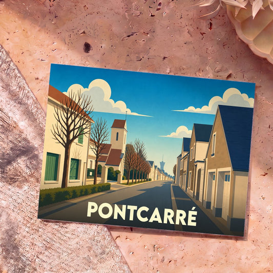Carte postale souvenir de la ville de Pontcarré illustrant une rue calme et son clocher dans un style graphique épuré.