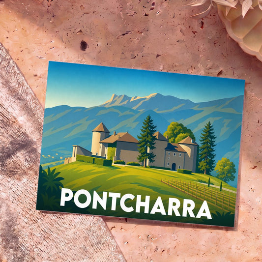 Carte postale souvenir de la ville de Pontcharra avec une illustration stylisée d'un château au pied des montagnes.