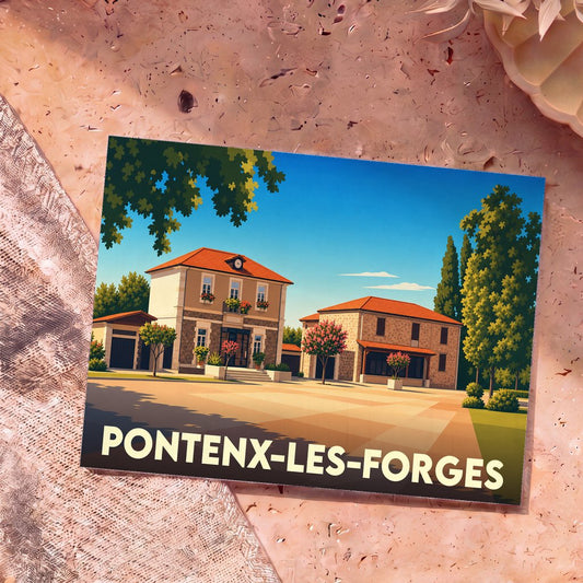 Carte postale souvenir de la ville de Pontenx-les-Forges avec une illustration stylisée de sa place principale.