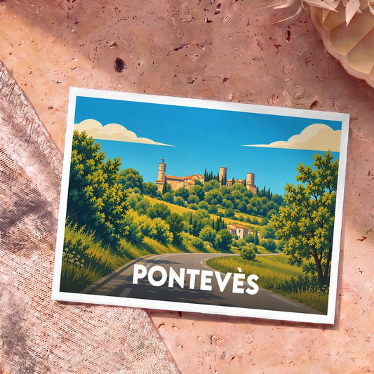 Carte postale souvenir de la ville de Pontevès avec une illustration stylisée de son paysage vallonné.