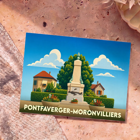 Carte postale souvenir de la ville de Pontfaverger-Moronvilliers avec une illustration stylisée de son monument aux morts.