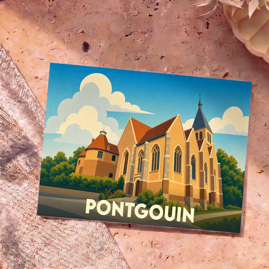 Carte postale souvenir de la ville de Pontgouin avec une illustration stylisée de son église sous un ciel nuageux.