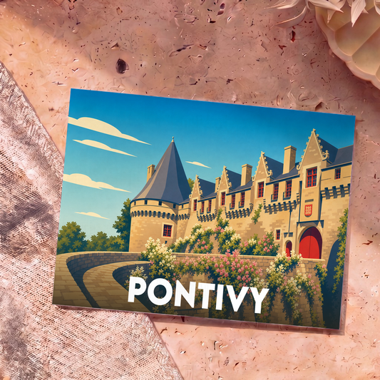 Carte postale souvenir de la ville de Pontivy illustrant son château médiéval dans un style graphique et coloré.