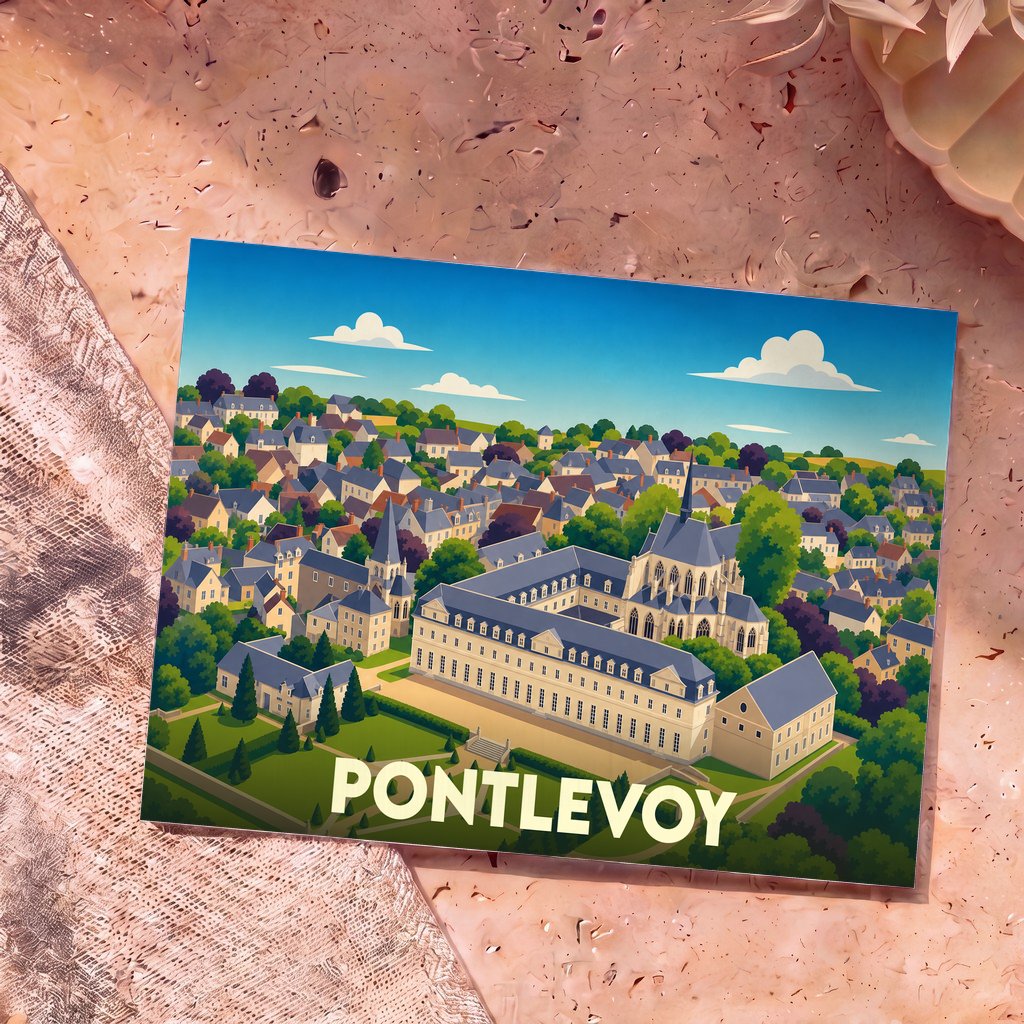 Carte postale souvenir de la ville de Pontlevoy avec une illustration stylisée de son abbaye et du village environnant.