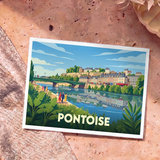 Carte postale souvenir de la ville de Pontoise avec une illustration stylisée des bords de l'Oise.