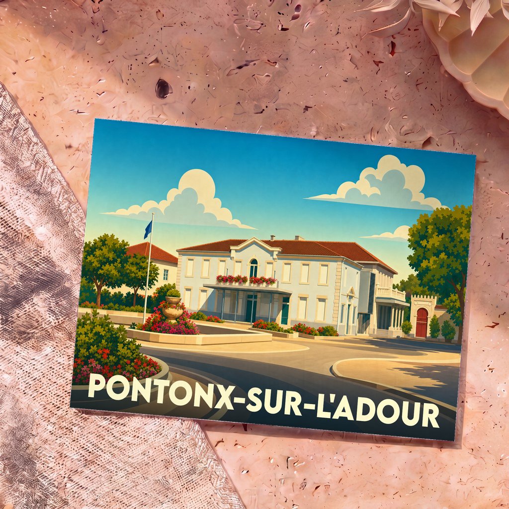 Carte postale souvenir de la ville de Pontonx-sur-l'Adour avec une illustration stylisée de son hôtel de ville.