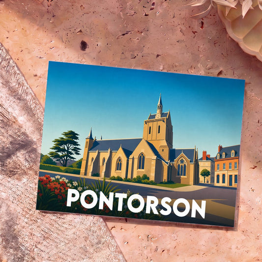 Carte postale souvenir de la ville de Pontorson avec une illustration stylisée de son église sous un ciel bleu.