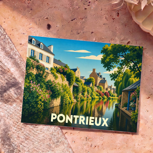 Carte postale souvenir de la ville de Pontrieux illustrant ses maisons fleuries au bord de l'eau.