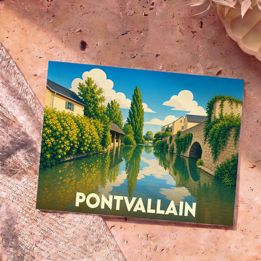 Carte postale souvenir de la ville de Pontvallain avec une illustration stylisée d'un cours d'eau et de son pont de pierre.