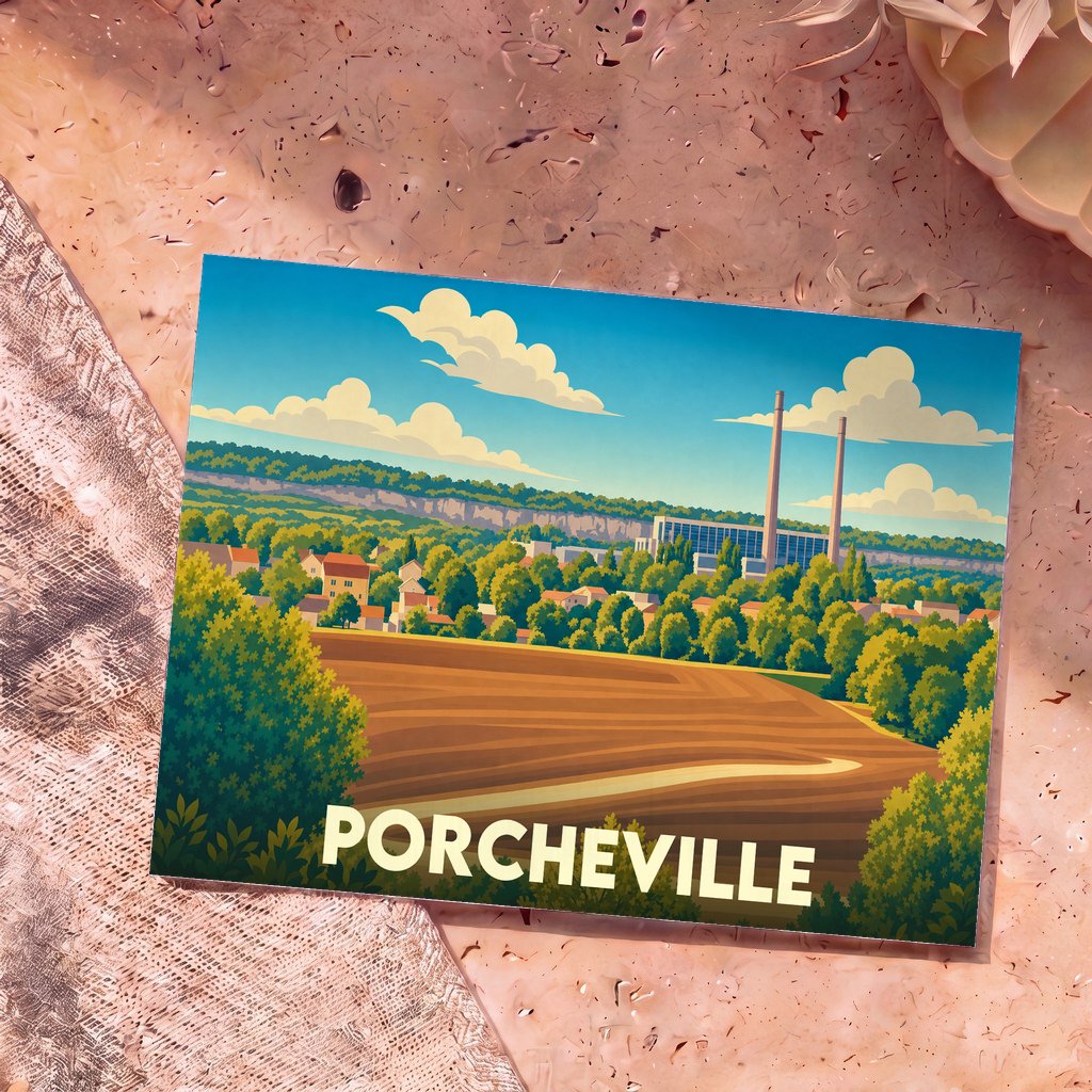 Carte postale souvenir de la ville de Porcheville illustrant ses paysages et sa centrale thermique dans un style graphique épuré.