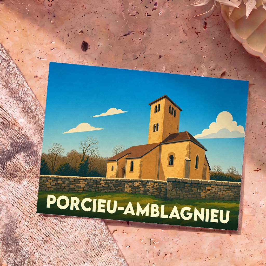 Carte postale souvenir de la ville de Porcieu-Amblagnieu avec une illustration stylisée de son église.