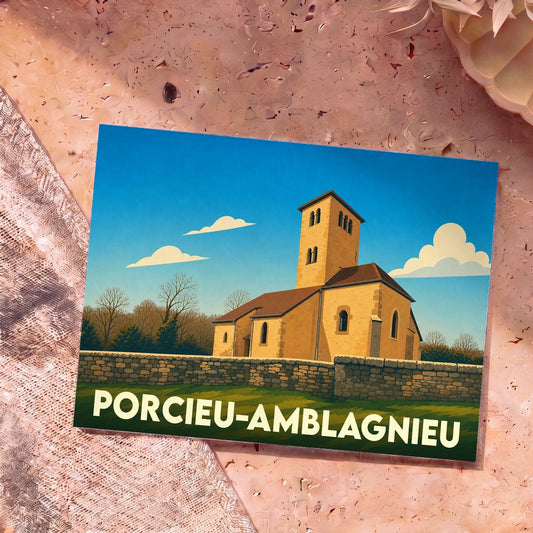 Carte postale souvenir de la ville de Porcieu-Amblagnieu avec une illustration stylisée de son église.