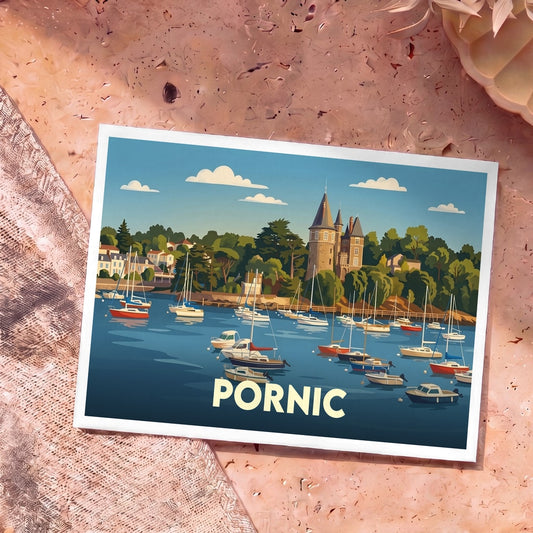 Carte postale souvenir de la ville de Pornic avec une illustration stylisée de son port et de son château.