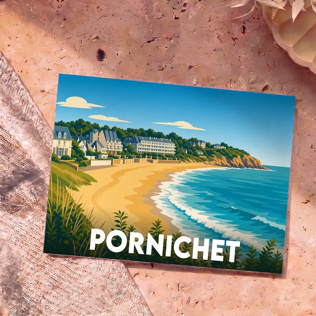 Carte postale souvenir de la ville de Pornichet avec une illustration stylisée de sa plage et de son front de mer.