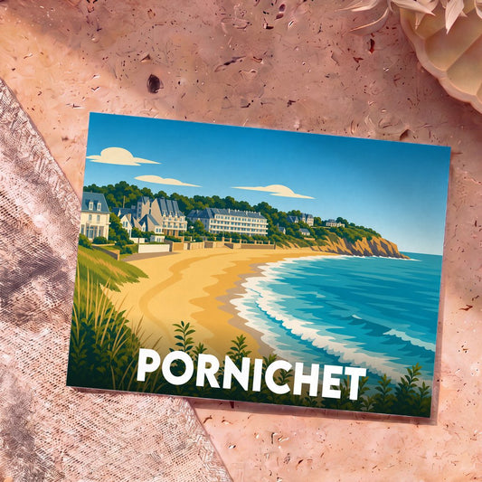 Carte postale souvenir de la ville de Pornichet avec une illustration stylisée de sa plage et de son front de mer.