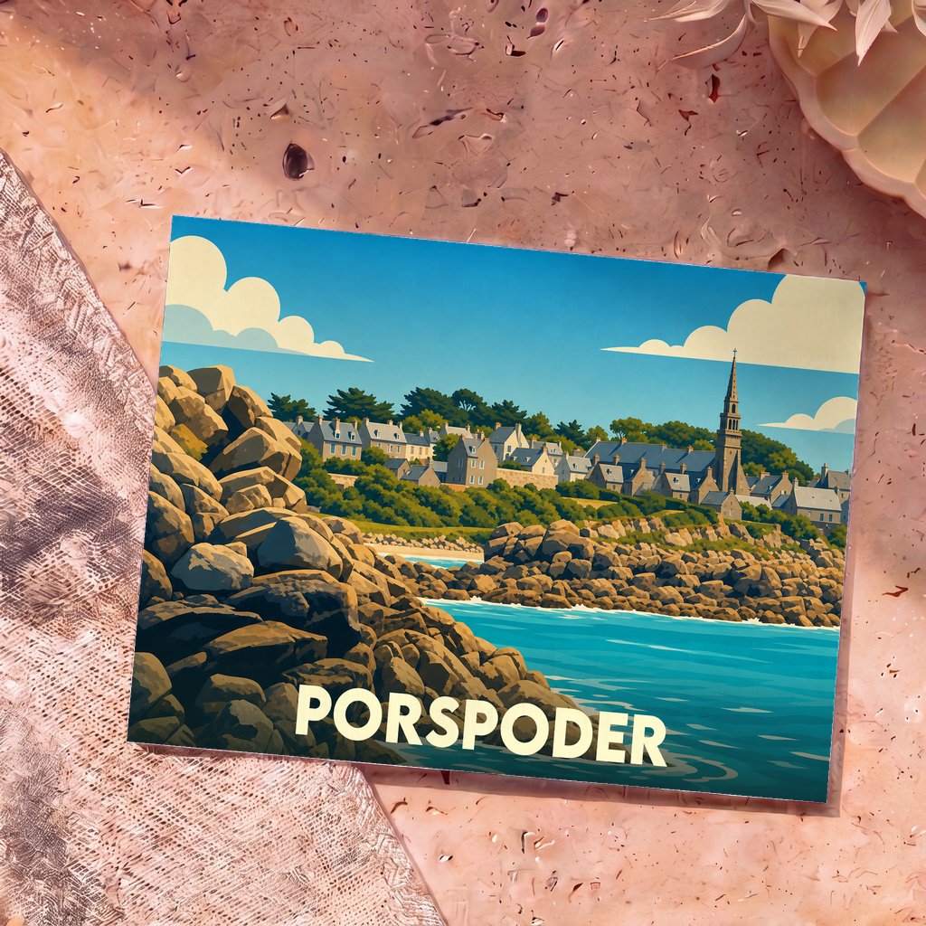 Carte postale souvenir de la ville de Porspoder avec une illustration stylisée de son littoral rocheux et de son église.
