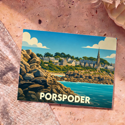Carte postale souvenir de la ville de Porspoder avec une illustration stylisée de son littoral rocheux et de son église.